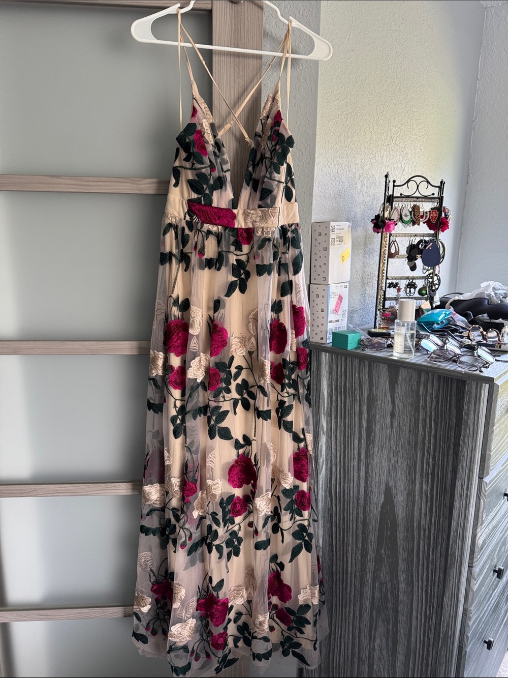 Windsor Beige Maxi Dress with Burgundy Floral Embroidery